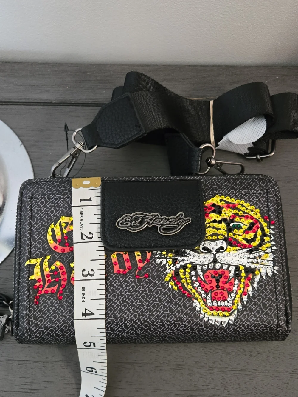 Ed Hardy Black Crossbody Wallet with Yellow & Red Tiger Graphic